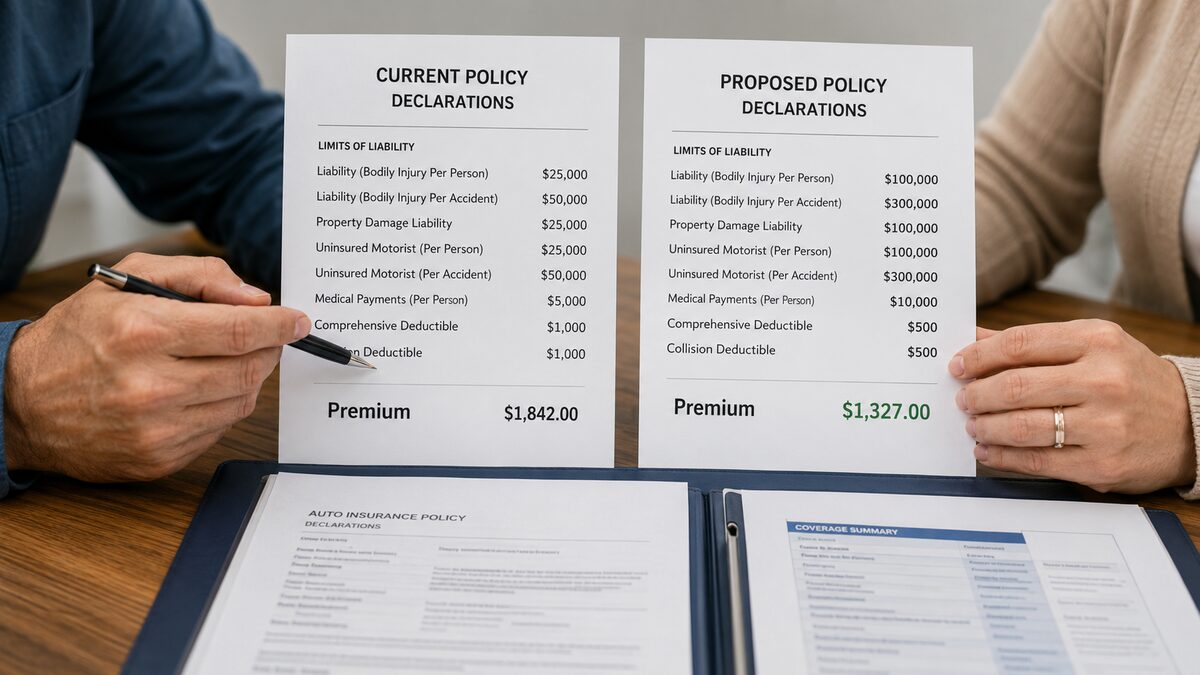 An insurance agent comparing two auto policy declarations pages side by side with a client, pointing at the coverage limits.