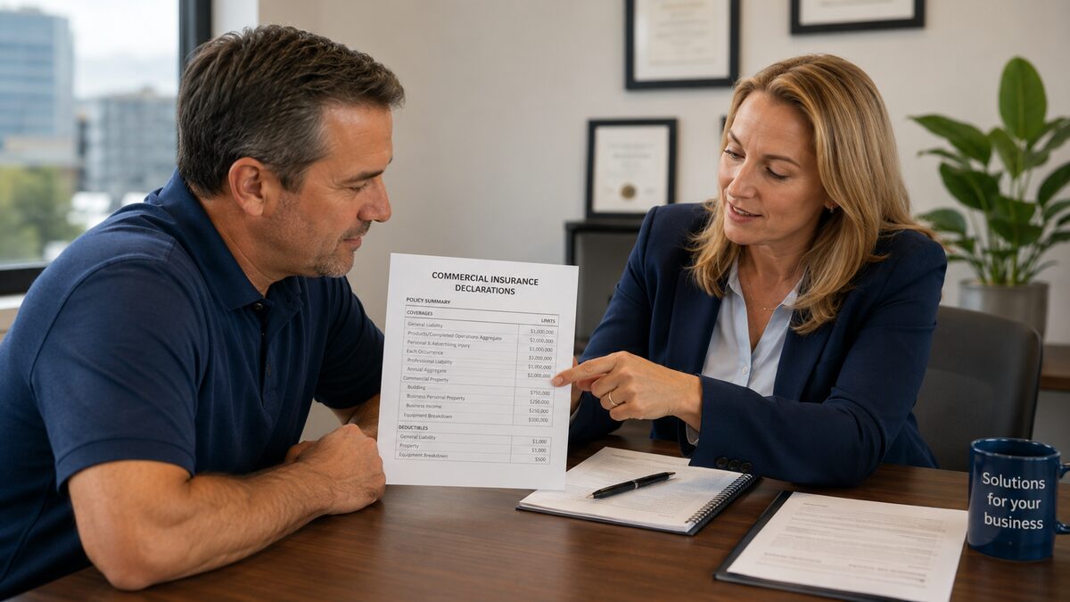 An insurance agent and a Florida business owner reviewing declarations pages and a commercial insurance quote together at a desk.