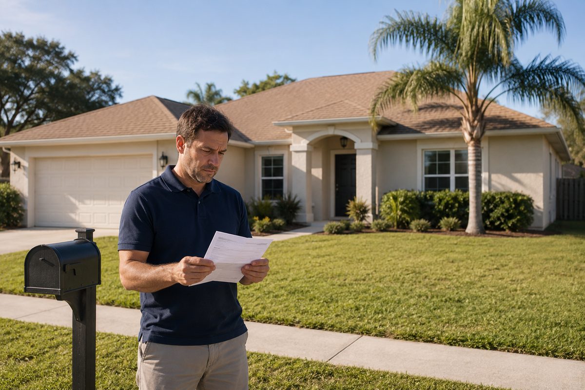 A Florida homeowner standing at his mailbox on a dry, sunny day, reading an insurance notice in front of his single-story stucco home with a palm tree in the yard.