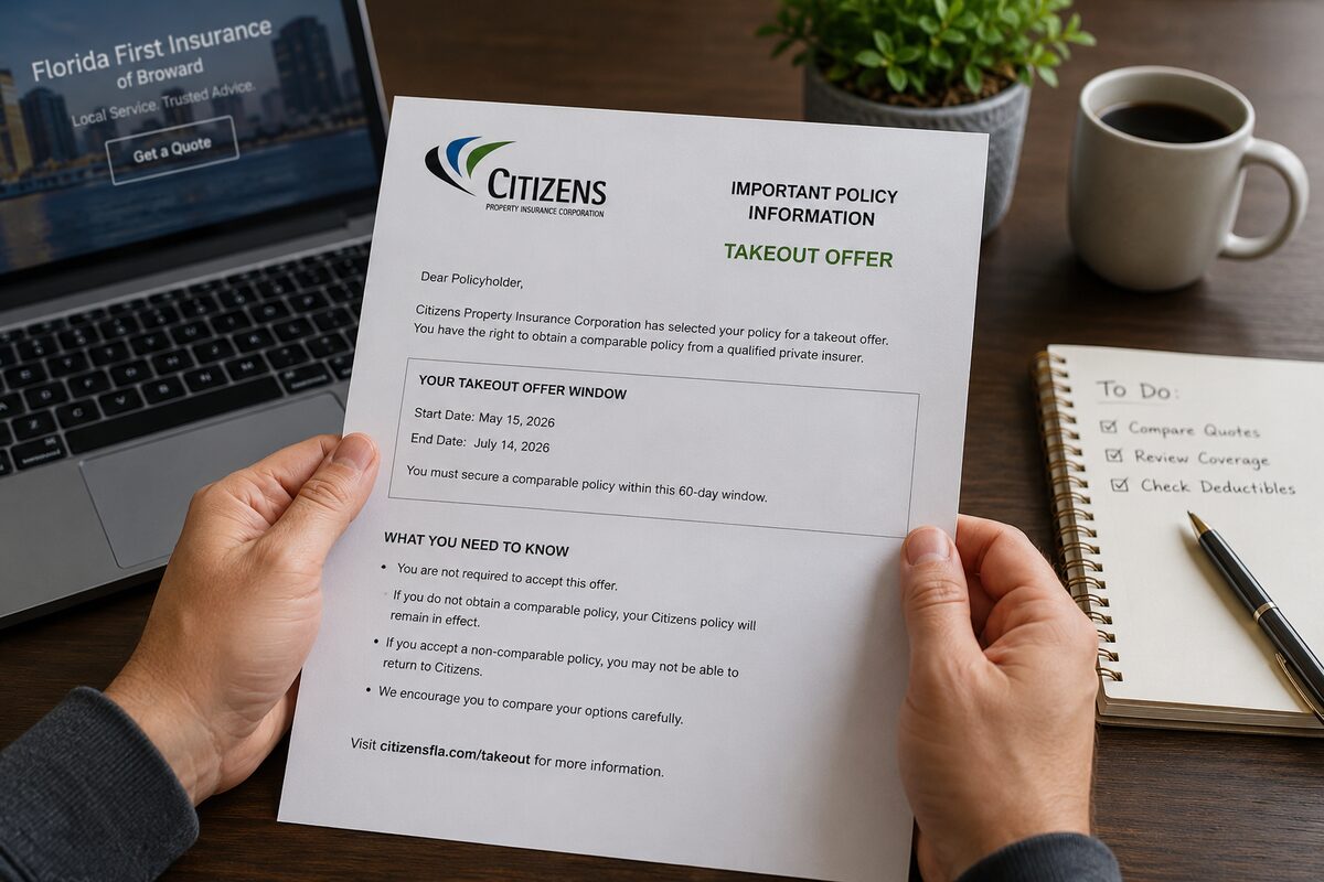 A Florida homeowner holding a Citizens Property Insurance takeout offer letter, with a to-do list noting to compare quotes, review coverage, and check deductibles.