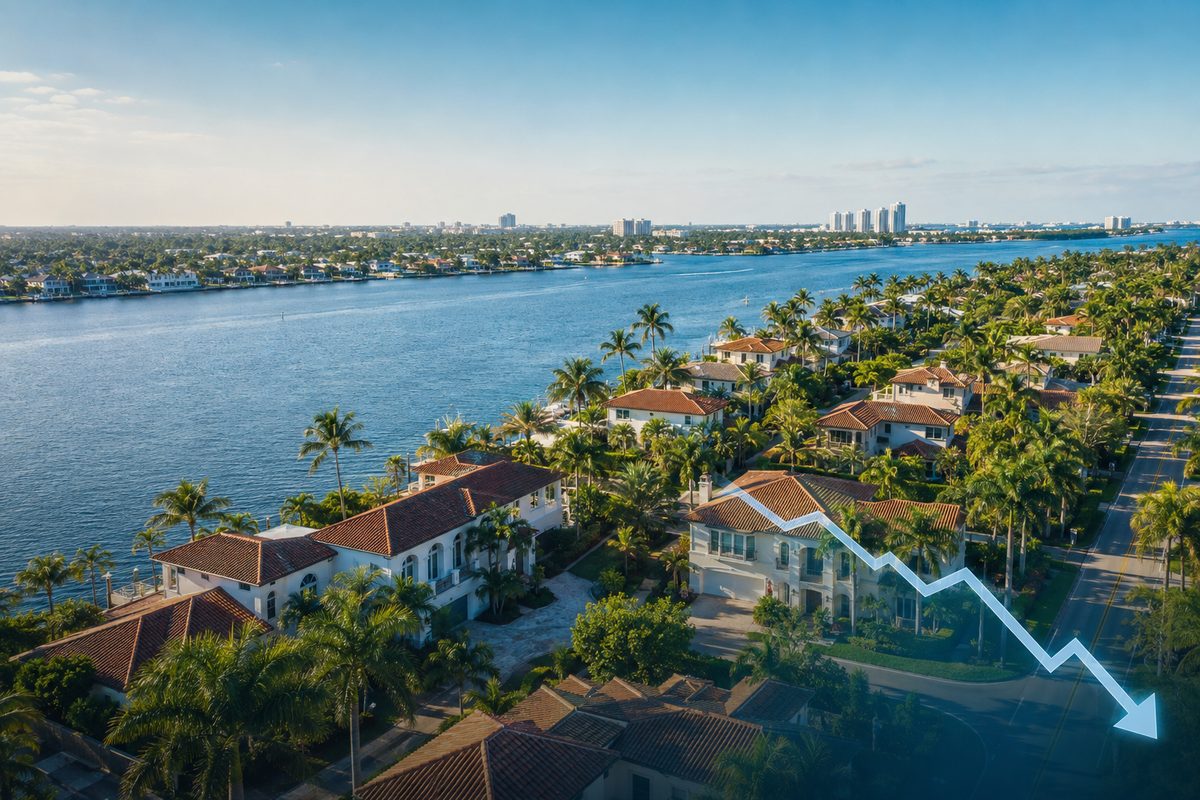 Aerial view of a South Florida residential neighborhood with tile roofs and palm trees, representing county-by-county Citizens insurance rate cuts.