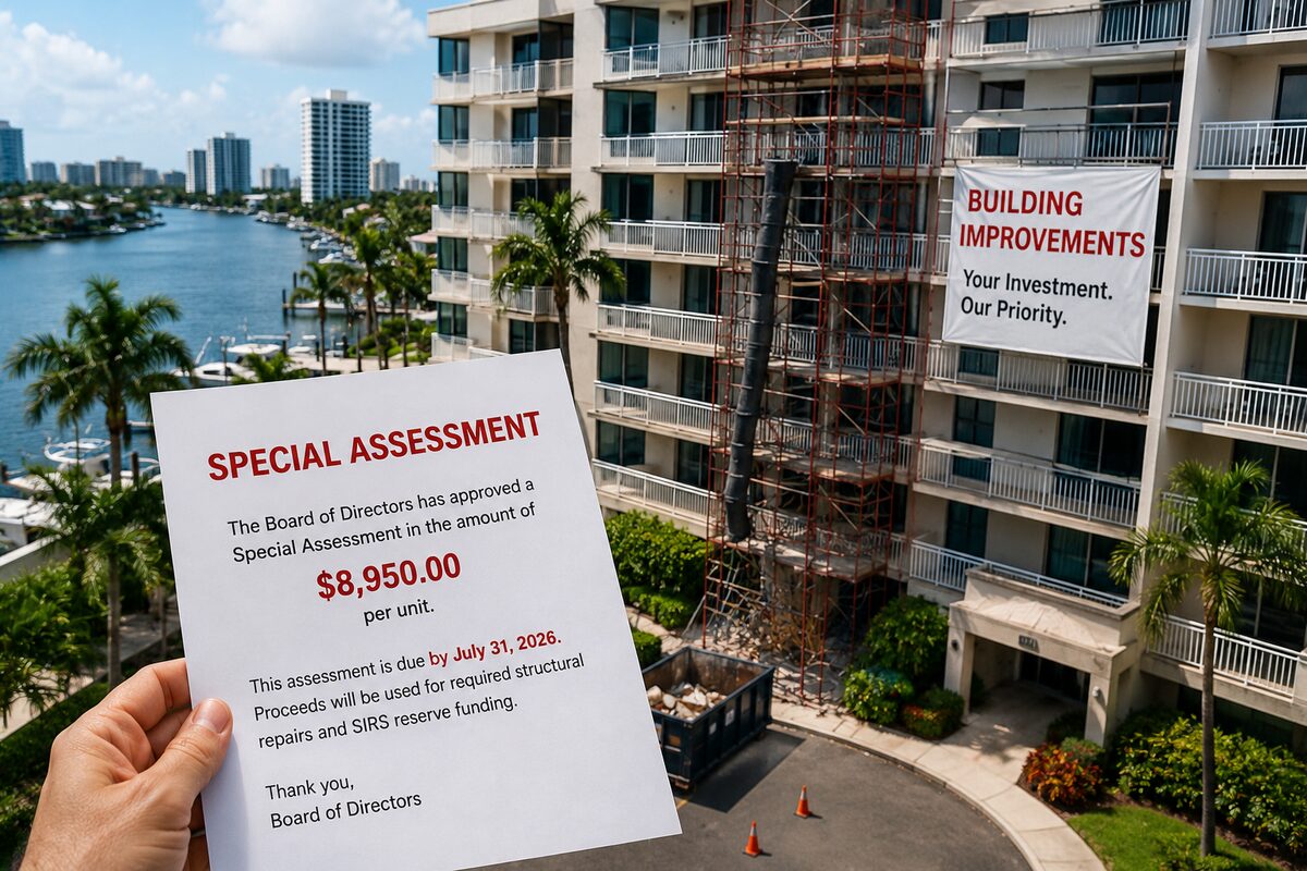 A hand holding a condo Special Assessment notice for $8,950 per unit for required structural repairs and SIRS reserve funding, in front of a Florida condo building under repair.