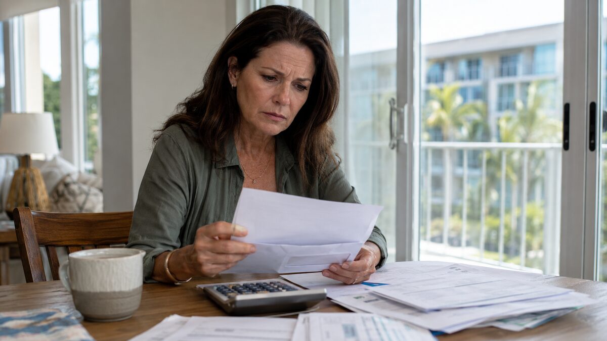 A Florida condo owner reviewing a special assessment bill at her dining table with a calculator, the condo building visible through the window.