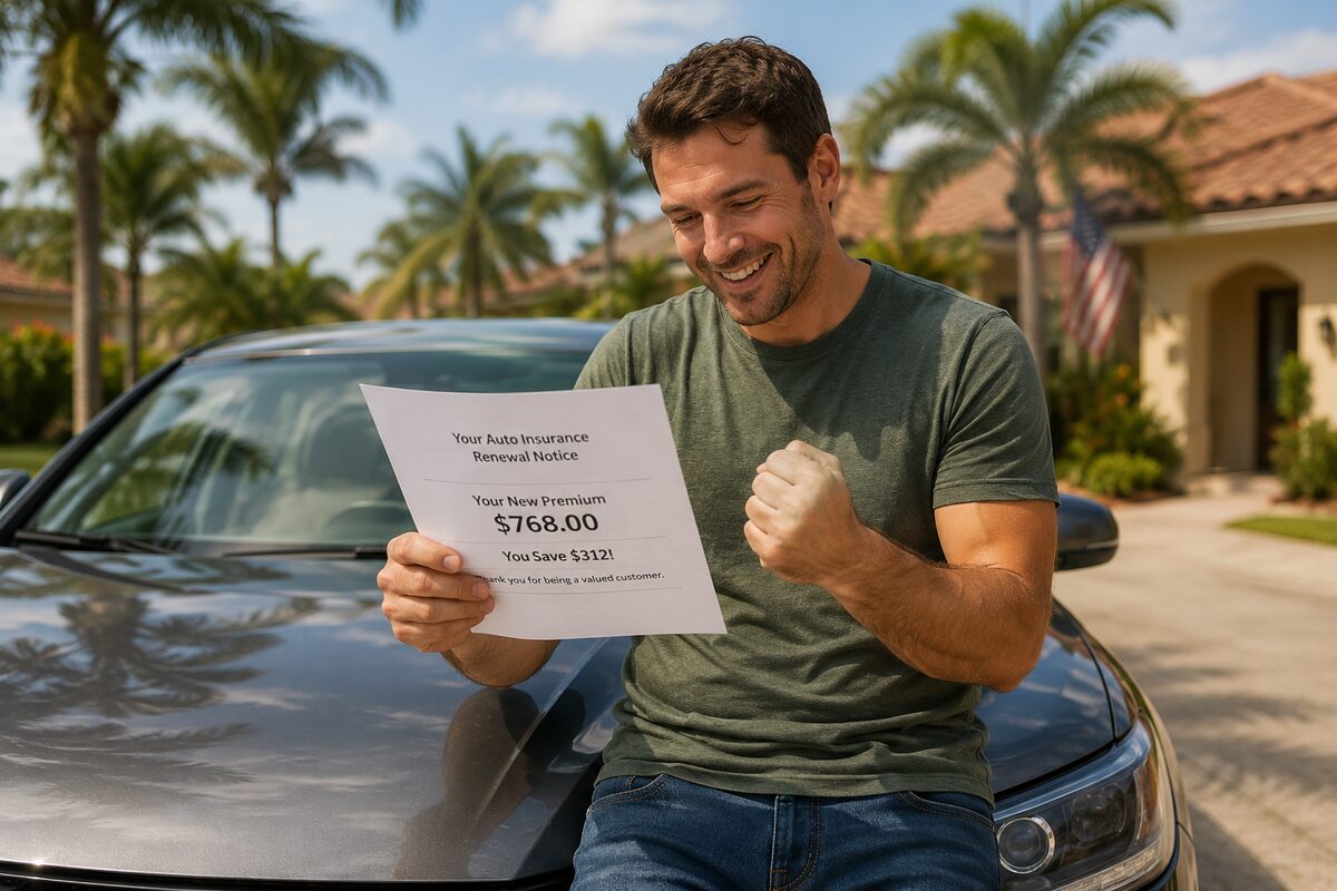 A Florida driver leaning on his car in a palm-lined driveway, reading an auto insurance renewal notice that shows a lower premium.