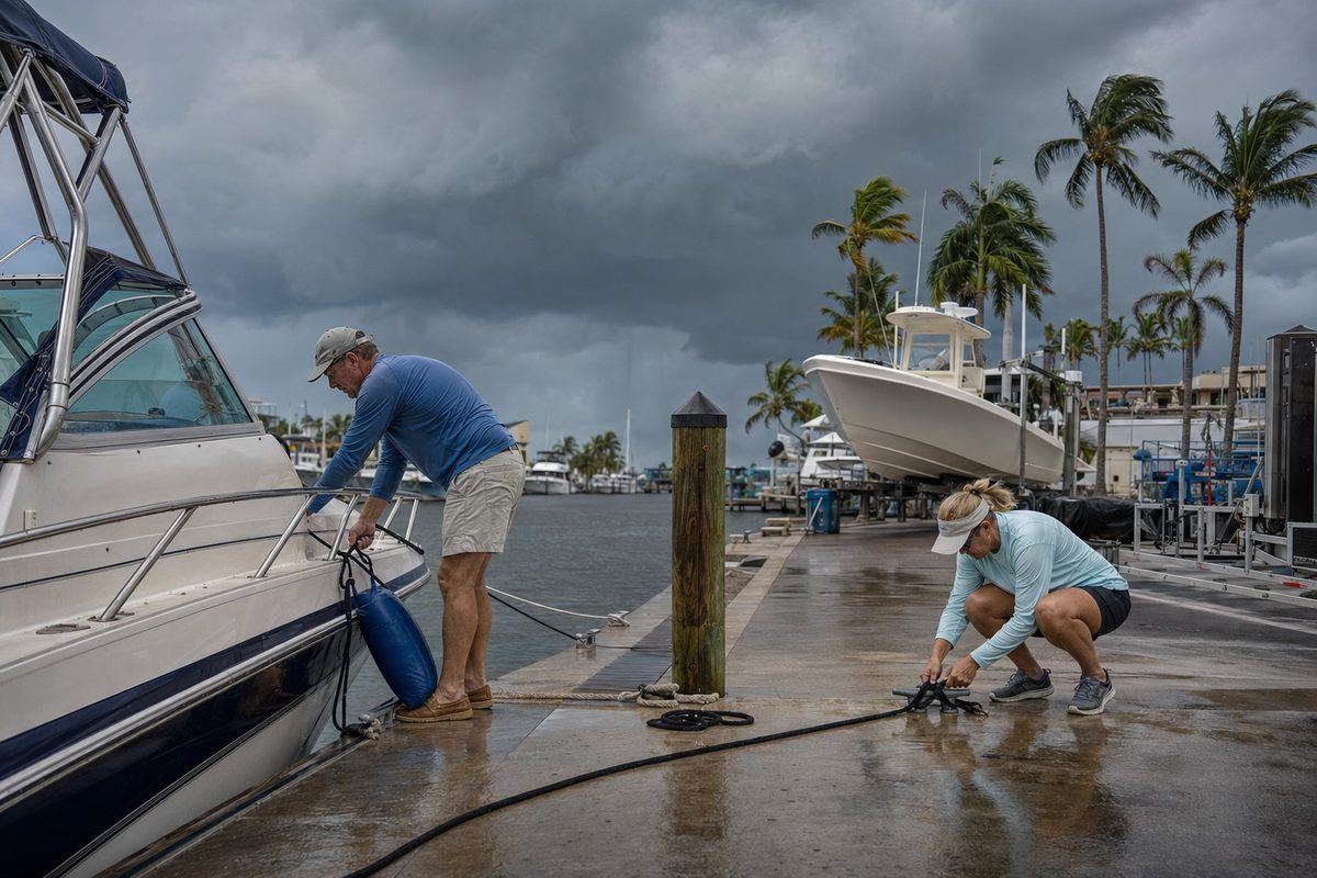 A couple secures their boat with dock lines and fenders at a South Florida marina as dark storm clouds gather behind the palms.