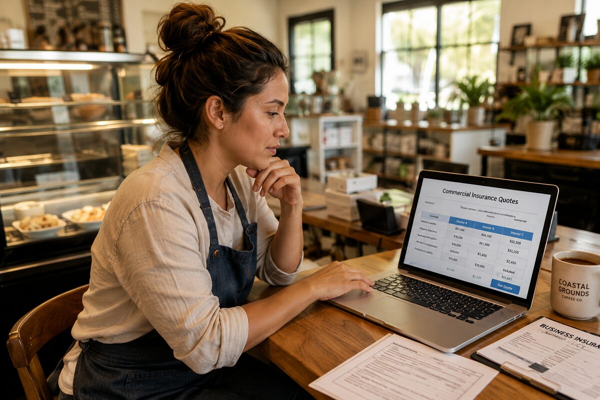 A Florida small business owner at her shop counter comparing insurance quotes on a laptop, with policy paperwork spread out beside her.