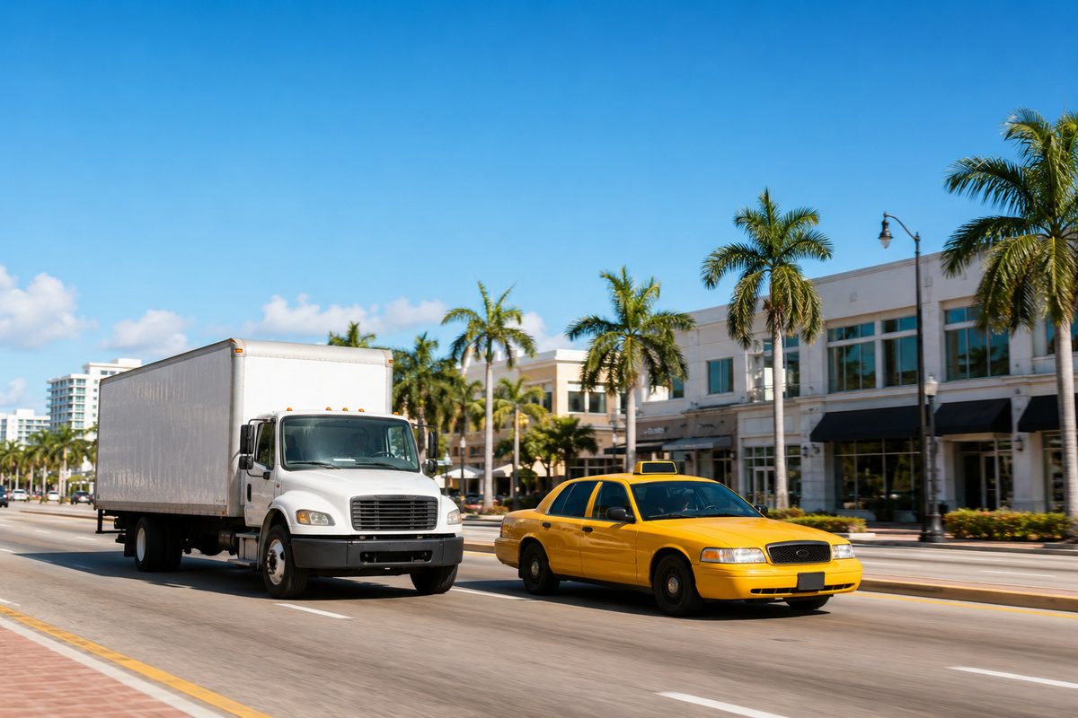 A box truck and a taxi sharing a South Florida road, representing the for-hire vehicles that require commercial auto coverage.