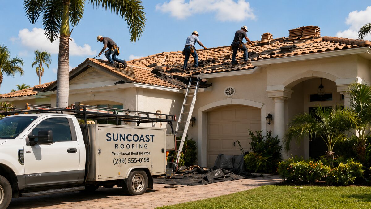 A roofing crew working on a Florida home with their work truck parked in the driveway, illustrating high-risk workers' comp class codes.