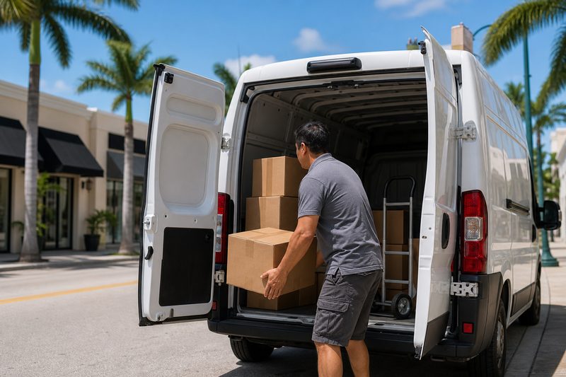 A delivery driver lifting a parcel from the open rear doors of an unbranded white cargo van parked outside palm-lined storefronts on a South Florida street.