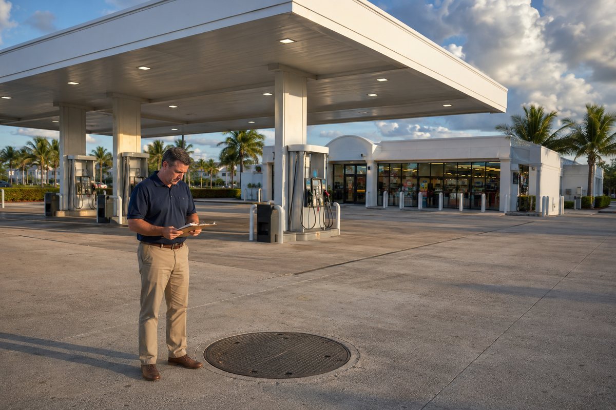 A Florida gas station owner reviewing paperwork on the forecourt, with the fuel canopy above and an underground tank access cover at his feet.
