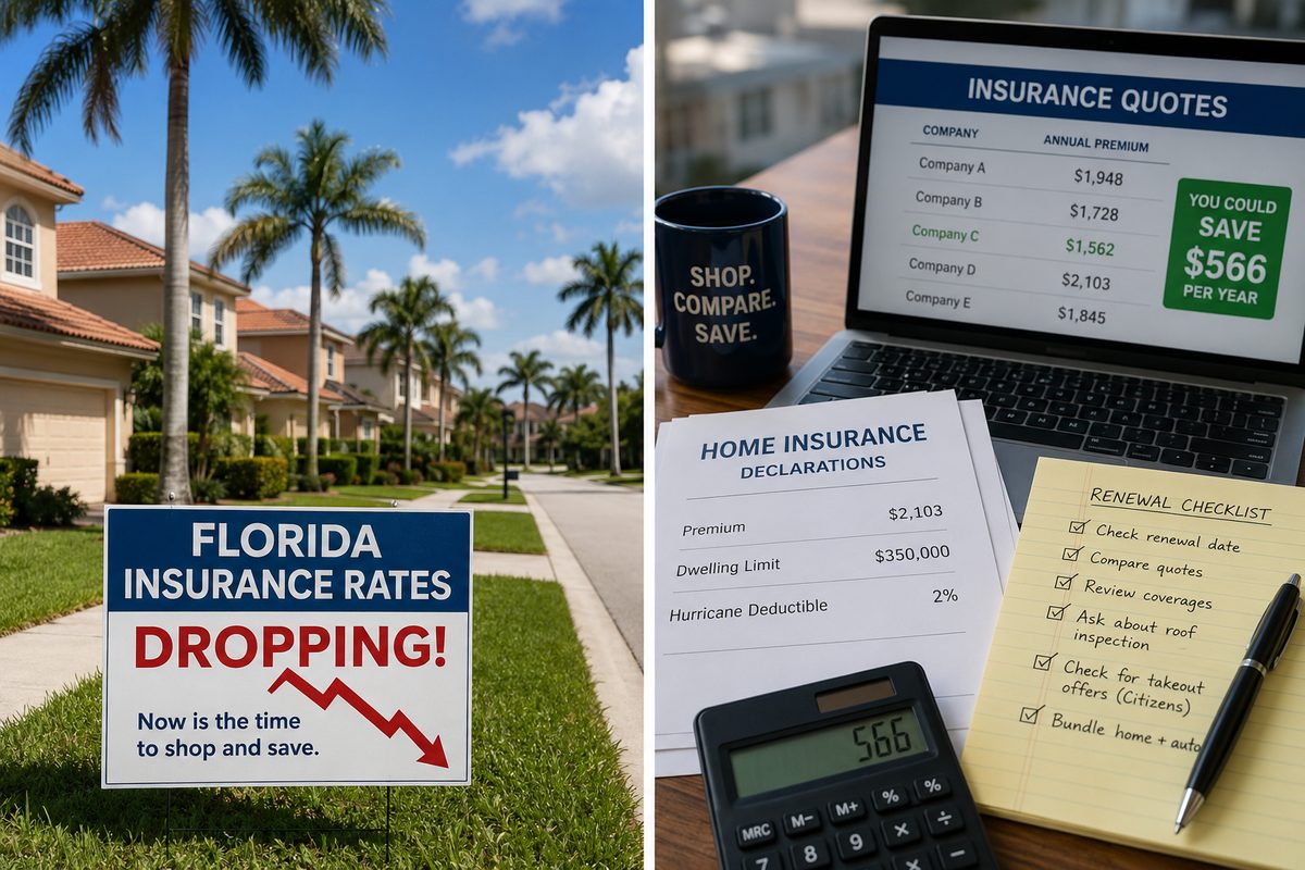 A Florida insurance rates dropping yard sign in front of South Florida homes, beside a desk with carrier quotes, a declarations page, and a renewal checklist