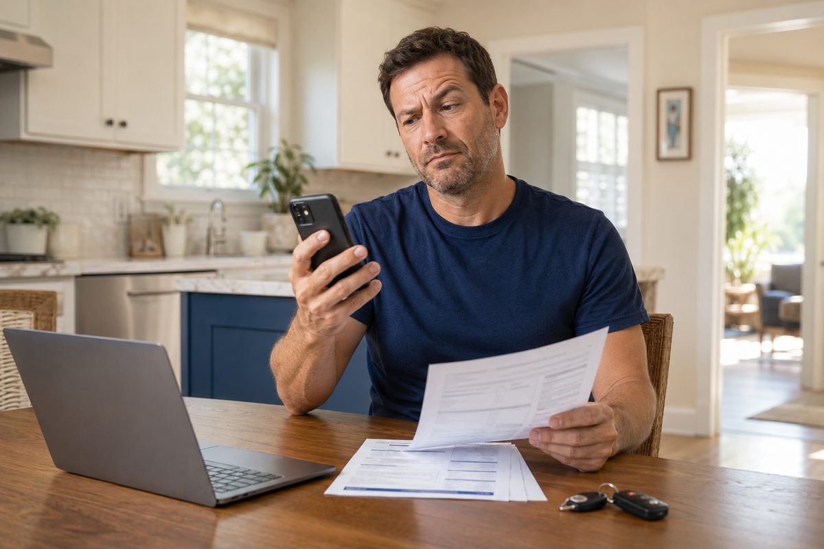 A skeptical Florida driver at his kitchen table reading a claim on his phone while holding his auto insurance declarations page, with a laptop and car keys nearby.
