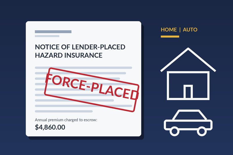 A lender-placed insurance notice with a red FORCE-PLACED stamp, beside the outline of a house and a car, on a navy background.