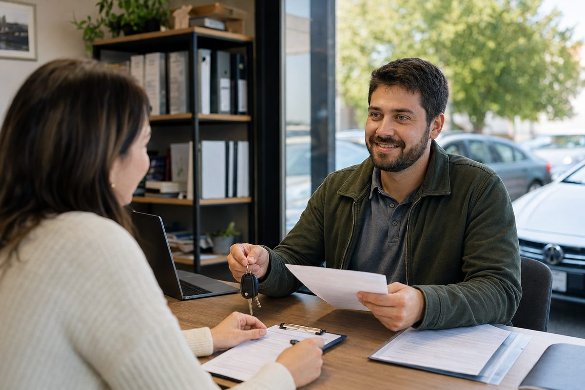 An insurance agent reviews SR-22 filing paperwork with a client at his desk, car keys in hand and vehicles visible through the window.