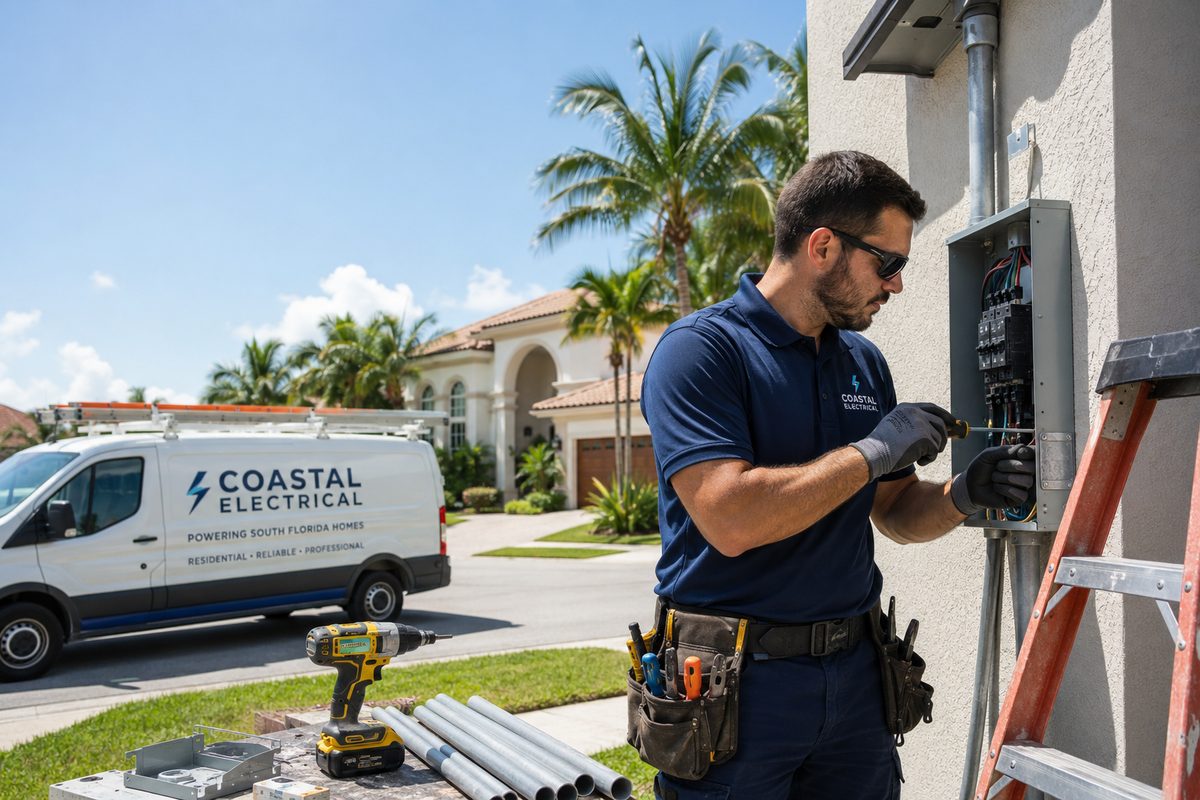 A Florida electrician and a plumber working at a residential job site with a sign-written work van parked at the curb.