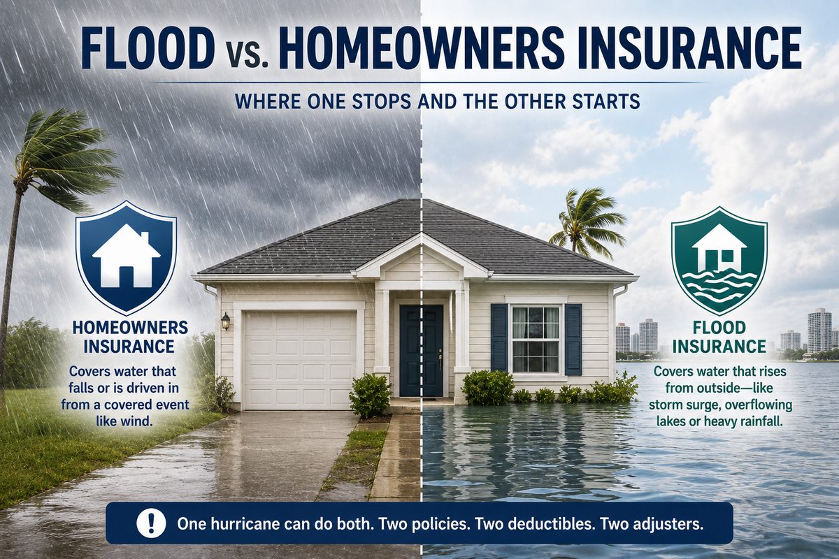Split illustration of one Florida home: wind-driven rain labeled homeowners insurance on one side, rising flood water labeled flood insurance on the other