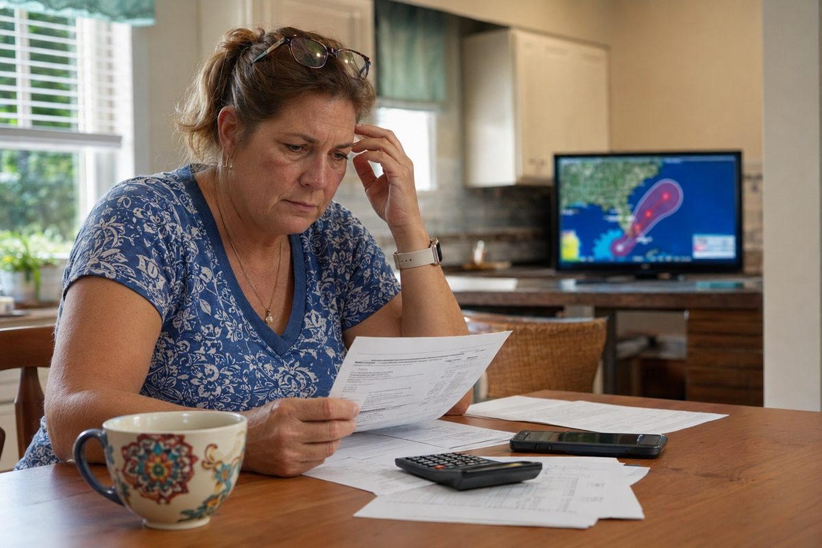 A Florida homeowner at a kitchen table reviewing an insurance declarations page while a TV in the background shows a hurricane forecast cone.