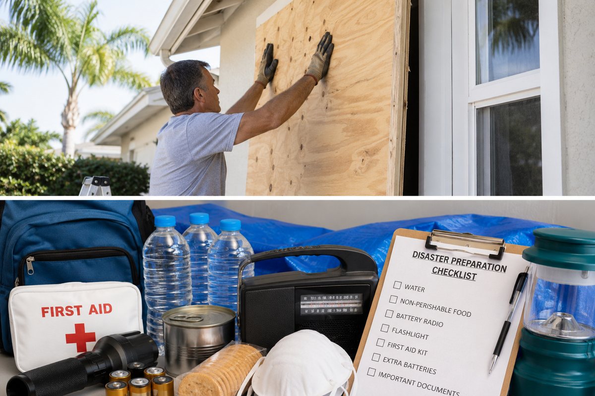 A Florida homeowner boarding up windows next to a disaster preparation kit with first aid supplies, water, a radio, and a checklist