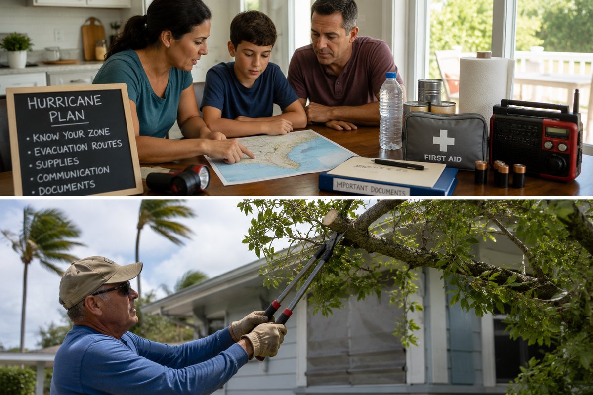 A family reviewing a hurricane plan with evacuation routes and supplies, and a homeowner trimming trees around the house before a storm