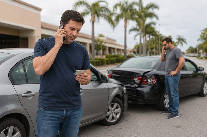Two drivers on their phones beside a minor rear-end collision on a palm-lined South Florida street, the man in the foreground holding an insurance card.