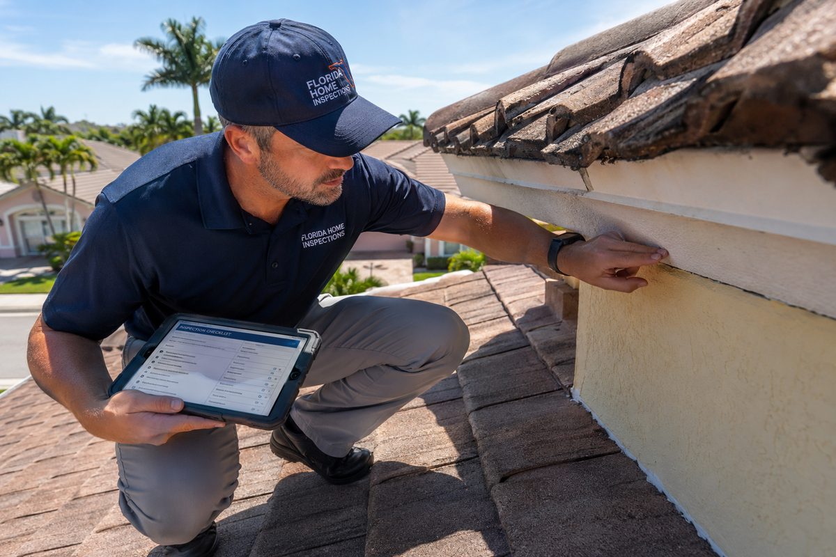 A licensed inspector on a South Florida tile roof checking the roof-to-wall connection, with the state wind mitigation inspection form on a clipboard